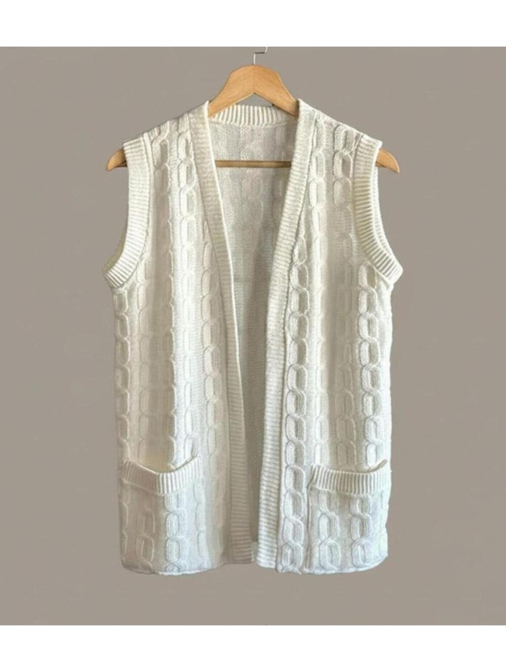 Vintage Women's Boho Chic Cable Knit Sleeveless Cardigan Small White Sweater